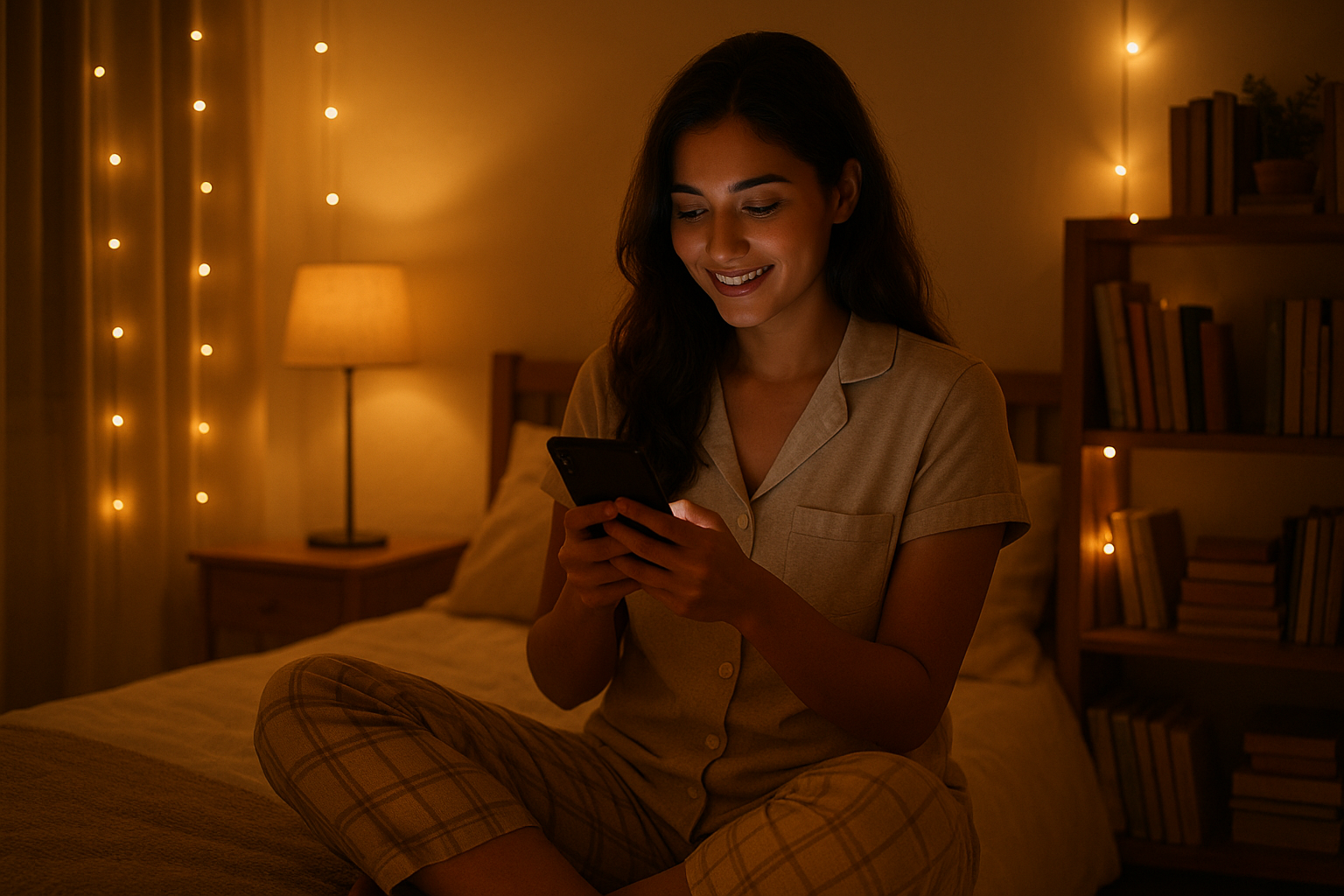 A girl using smartphone in bedroom
