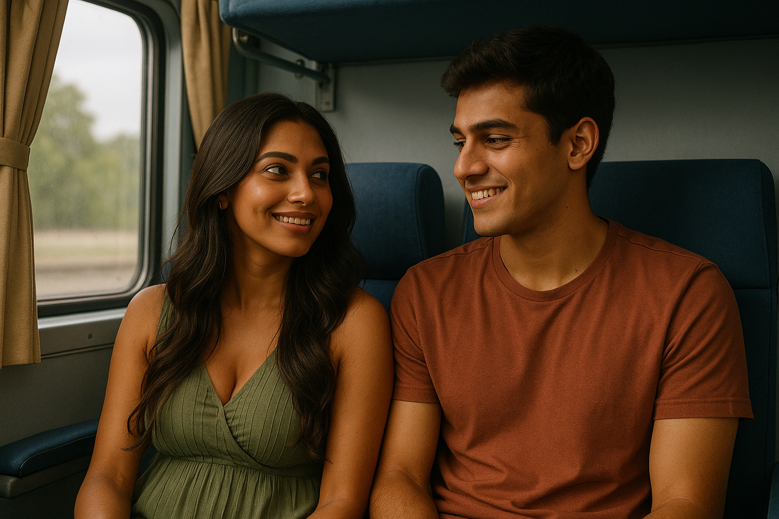 A beautiful Indian woman with a 25 year boy in train setup